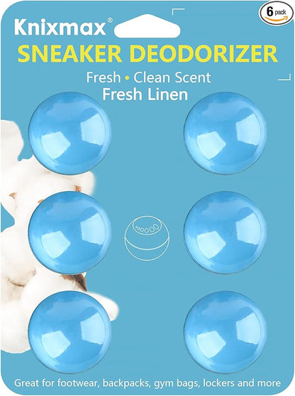 Knixmax Shoe Deodorizer Balls, Odor Eater Ball for Sneakers Boots Mules, Air Fresheners for Gym Gear Bags Lockers, Fresh Linen scent, Pack of 6, Blue
