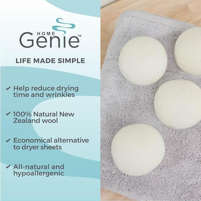 HOME GENIE Wool Reusable Dryer Balls XL, Anti Static Fast Drying Laundry for Pet Hair, Reduces Clothing Wrinkles, Lint, Natural Fabric Softener Essentials, Replace Dryer Sheets, Over 400 Loads 5 Pack