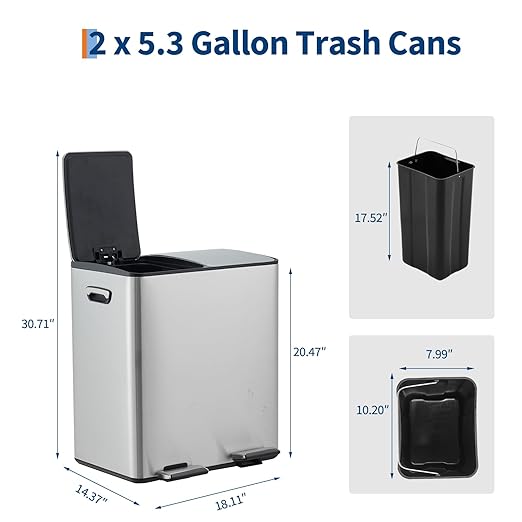 Dual Compartment Trash Can, 2 x 5.3 gal, 20L x 2 Stainless Steel Recycling Bin, Modern Kitchen Trash Bin with Foldable Anti-Slip Foot Pedal, Soft-Close Lid, Removable Inner Buckets, Kitchen Garbage
