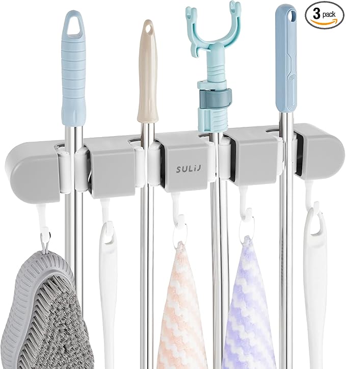 3PCS Broom Holder Wall Mount, No-Drilling Self-Adhesive Mop and Broom Storage Rack (4 Racks with 5 Hooks),Wall-Mounted Broom Hanger for Bathroom, Kitchen, Closet, Garage (Gray)