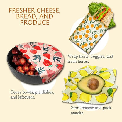 Reusable Beeswax Food Wraps, Organic Cotton Food Storage, Eco Friendly Plastic Free Wrap for Bread Sandwiches Fruits Cheese
