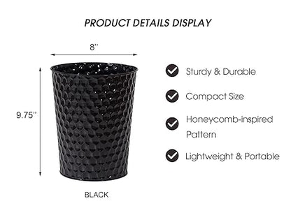 Venalys Small Metal Trash Can Wastebasket, Decorative Honeycomb Garbage Can Waste Basket, Modern Farmhouse Round Trash Bin for Bathroom, Bedroom, Kitchen and Office (Black)