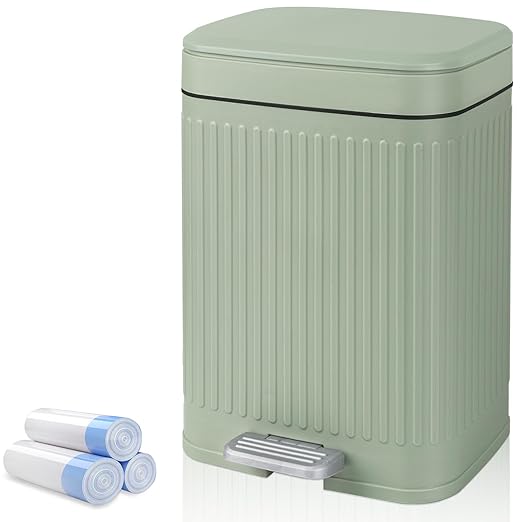 rejomiik Small Bathroom Trash Can with Lid 2.1 Gallon Soft Close Step Slim Garbage Can Waste Bin for Office, Bedroom, Kitchen, Light Green