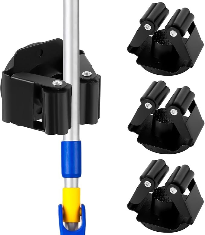 NQEUEPN 4pcs Hanging Mop And Broom Holder, Magnetic Broom Holder Heavy Duty Mop Holder Broom Holder No Drill Broom Storage Rack Black Mop Rack Wall Mount for Laundry Garage Kitchen Garden Bathroom