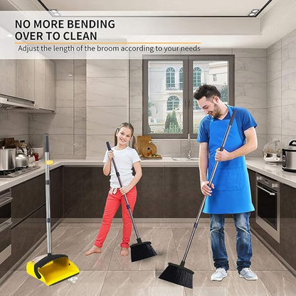 2-Pack is More economical,Brooms with Dustpan Combo Set， with 52" Long Handle, Dustpan Teeth with self-Cleaning Function, Indoor and Outdoor Sweeping, Perfect for Home Office(Large/Yellow /2-Pack)