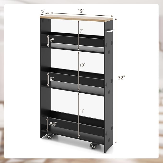 Giantex 4 Tier Rolling Slim Storage Cart, 5" Narrow Slide Out Kitchen Cart w/Handle & Open Shelves, Space-Saving Compact Mobile Utility Trolley for Small Space Laundry Room (Black & Natural)
