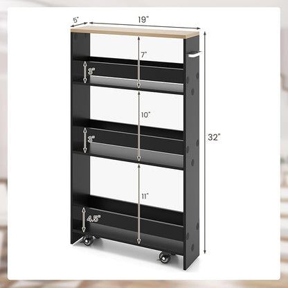 Giantex 4 Tier Rolling Slim Storage Cart, 5" Narrow Slide Out Kitchen Cart w/Handle & Open Shelves, Space-Saving Compact Mobile Utility Trolley for Small Space Laundry Room (Black & Natural)