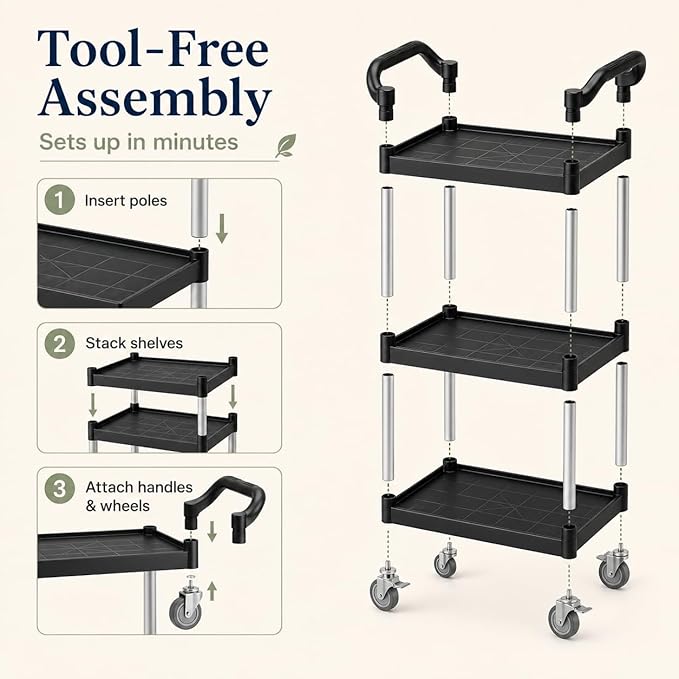 3-Tier Rolling Utility Cart with 2 Locking Brakes, 520 Lbs Heavy Duty 31.5"x15.7"x40.6" Commercial Service Cart, Tangle-Free Silent Wheels for Home, Office, Restaurant, Warehouse, Kitchen