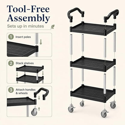 3-Tier Rolling Utility Cart with 2 Locking Brakes, 520 Lbs Heavy Duty 31.5"x15.7"x40.6" Commercial Service Cart, Tangle-Free Silent Wheels for Home, Office, Restaurant, Warehouse, Kitchen