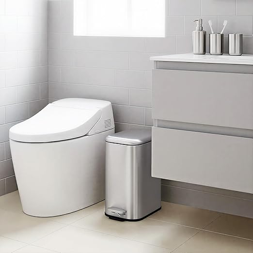 GlowSol Bathroom Trash Can with Lid, 3.2 Gallon 12 L Stainless Steel Step Trash Can with Removable Liner Bucket, Slim Small Wastebasket for Toilet Bedroom Office, Silver