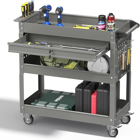 3 Tray Rolling Tool Cart with Drawers, 400 LBS Capacity Mechanic Tool Cart on Wheels, Heavy Duty Utility Cart with Pegboard, Metal Work Cart for Garage and Repair Shop, Grey