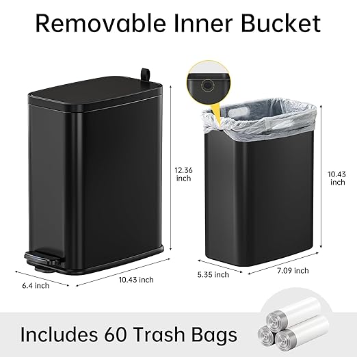 Small Bathroom Trash Can with Lid Soft Close, Step Pedal, 1.6 Gallon Black Stainless Steel Garbage Can with Removable Inner Bucket, Includes 60 Trash Bags for Home Bedroom