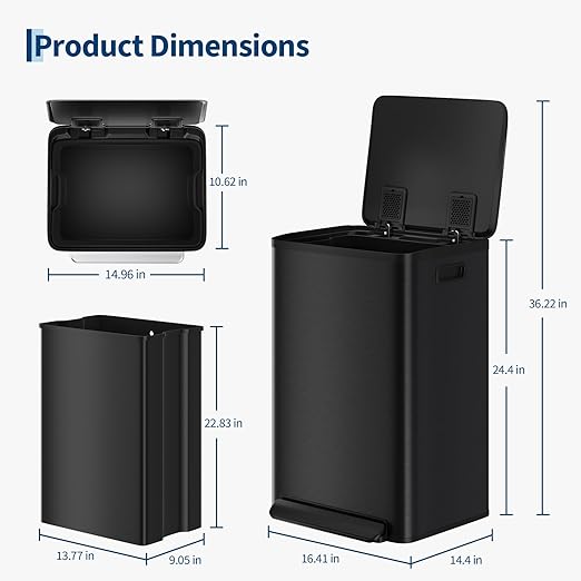 13 Gallon Trash Can Kitchen Garbage Bin with Removable Inner Buckets 50L Stainless Steel Step-on Metal Large Waste Cans with Soft Close Lid Black