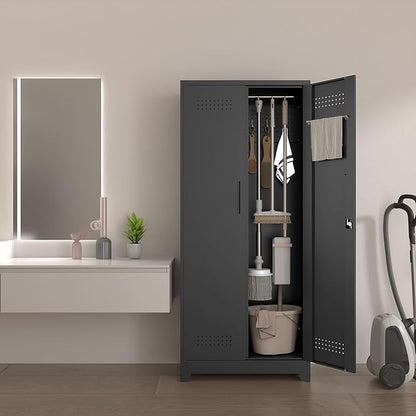 73" H Garage Storage Cabinet,Broom Closet Storage Cabinet with Adjust Shelves,Utility Cabinet,Utility Closet for Garage,Office,Black