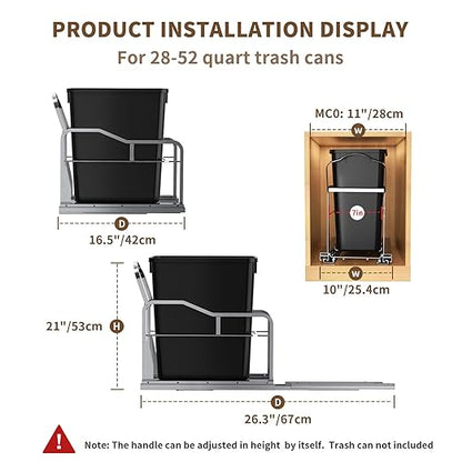 Pull Out Trash Can Under Cabinet with Soft-Close Slides，Heavy Duty Under Sink Trash Can Pull Out Slider for Kitchen Cabinet，Garbage Can Not Included, Requires 11" W X 18" D Cabinet Opening