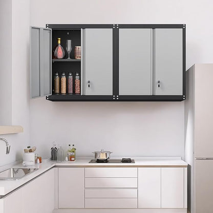 GREATMEET Lockable Storage Cabinet, Metal Garage Storage Cabinets, Metal Wall Cabinet for Garage, Wall Mount Cabinet with Lock and Adjustable Shelf, Floating, Black&Grey