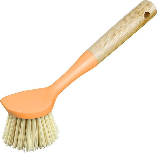 OGGI Natural Bamboo Dish Brush - Non-Scratch, Odorless Nylon Bristles, Durable Scrub Brush with Scraper for Grease & Grime, Safe Cleaning Brush for Non-Stick Cookware - Orange Accent Color