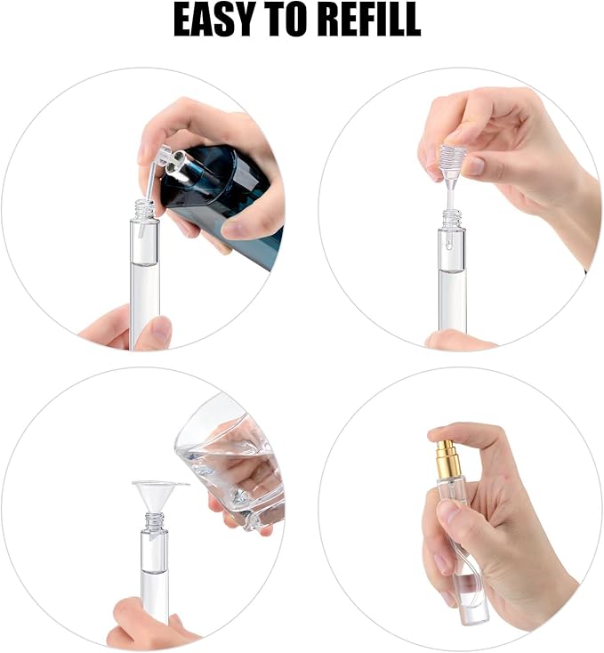 10ml Glass Spray Bottle, Thick Glass Atomizer, Perfume Decanter Kit, Small Travel Perfume Atomizer Bottle Refillable (8PCS, Gold)