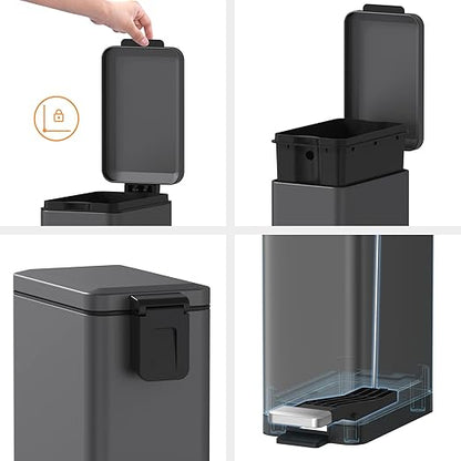 Mbillion Bathroom Trash Can with Lid Slim Stainless Steel Small Bathroom Garbage Can 10 Liter, 2.6 Gallon Soft Close, Step Pedal, Slim Wastebasket for Toilet, Office, Bedroom,Dark Grey