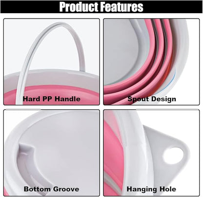 GLSOWEE Car Collapsible Bucket, 10L 2.6 Gallon Folding Bucket Auto Cleaning Plastic Water Bucket, Foldable Portable Bucket Space Saving for Indoor Outdoor Car Wash Garden Camping (Pink)