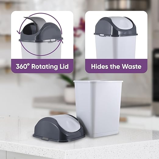 Superio 4.5 Gallon Plastic Swing Top Trash Can with Lid, Gray/Smoke, 2"