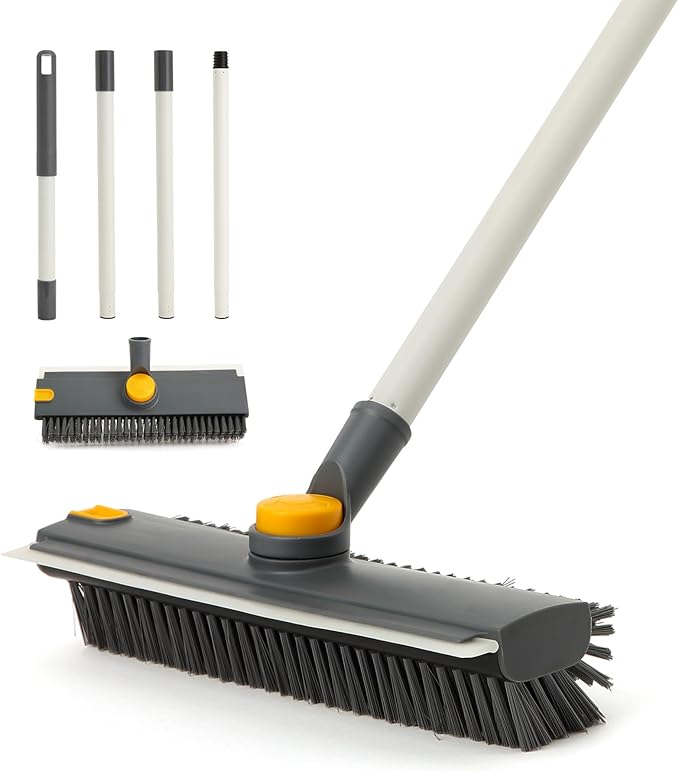 Yocada Floor Scrub Brush with Long Handle 3 in 1 Dual-Sided Stiff Bristle Scrubber Brush and Scrape Squeegee Indoor&Outdoor for Cleaning Bathroom Kitchen Patio Pool Garage Wall Deck 53.9"