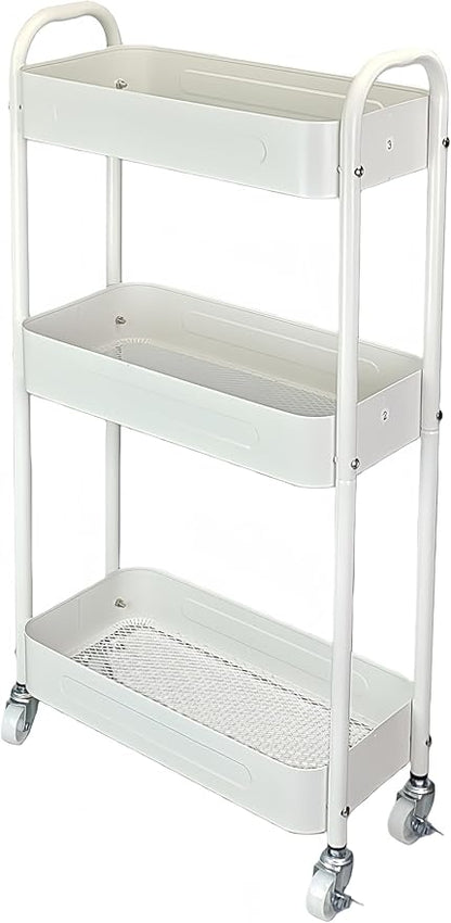 3 Tier Narrow Rolling Storage Cart for Laundry Room Bathroom Kitchen, 7.1'' Slim Utility Cart with Wheels and Lockable Casters Standing Shelf for Small Space & Between Washer and Dryer, White