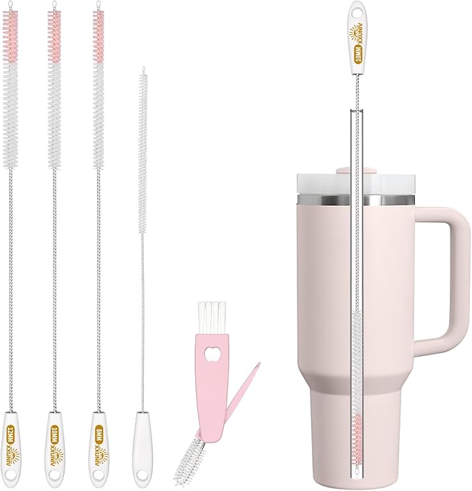 15 Inch Extra Long Straw Cleaner Brush Set, 5 Pcs Reusable Cleaning Brushes for Stanley 40 oz Tumbler, Owala, Yeti, Includes 4 Flexible Straw Brushes and 1 3-in-1 Cup Lid Gap Cleaning Tool(Pink)
