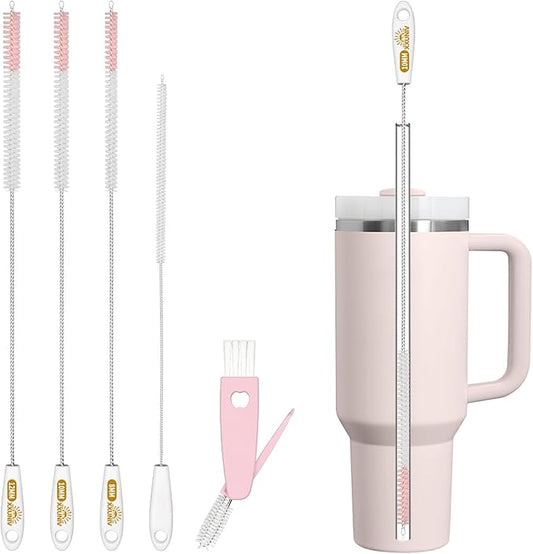 15 Inch Extra Long Straw Cleaner Brush Set, 5 Pcs Reusable Cleaning Brushes for Stanley 40 oz Tumbler, Owala, Yeti, Includes 4 Flexible Straw Brushes and 1 3-in-1 Cup Lid Gap Cleaning Tool(Pink)
