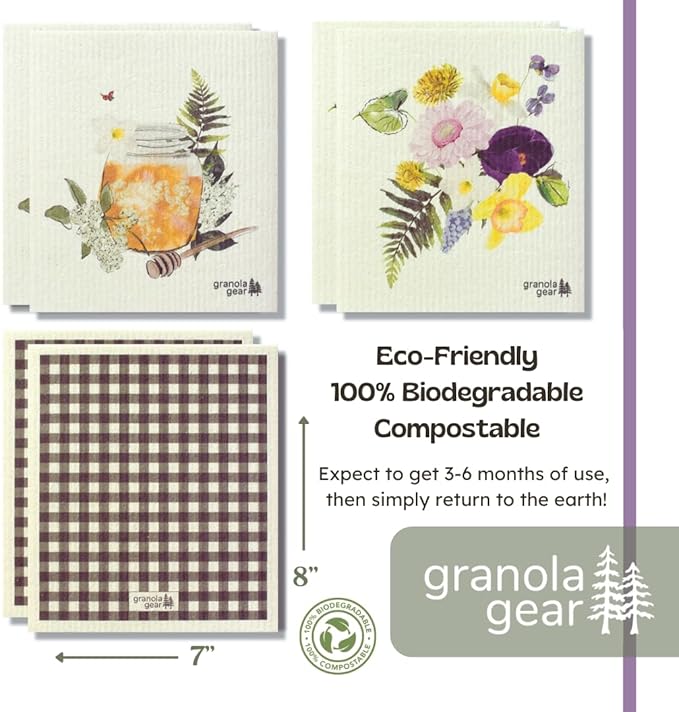 Swedish Dishcloths for Kitchen 6-Pack Reusable Paper Towels, Eco-Friendly, Compostable, Biodegradable Dish Wash Cloths, Washable Sponge, Watercolor Honey Art-Sweet as Can Bee