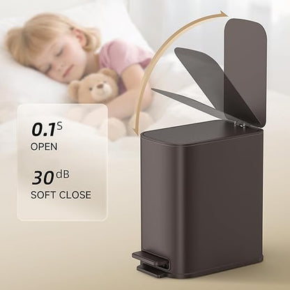 TIPGO Small Bathroom Trash Can with Lid Soft Close, Step Pedal, 1.3 Gallon / 5 Liter Stainless Steel Slim Garbage Can for Office, Diaper Waste Basket with Removable Inner Bucket (Brown)