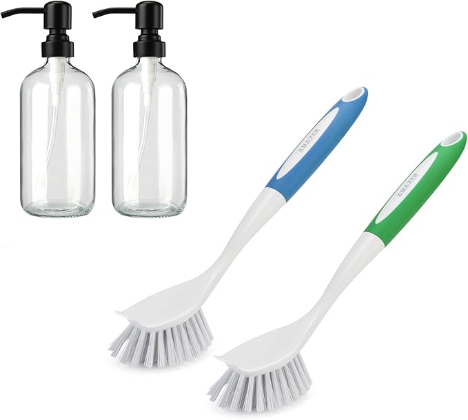 Amazer 2 Pack Kitchen Scrub Dish Brushes, 2 Pack Glass Soap Dispenser with Pump Stainless Steel, for Sink, Pots, Pans