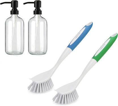 Amazer 2 Pack Kitchen Scrub Dish Brushes, 2 Pack Glass Soap Dispenser with Pump Stainless Steel, for Sink, Pots, Pans