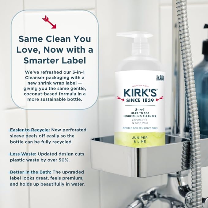 Kirk's Juniper & Lime 3-in-1 Nourishing Cleanser, Shampoo Body Wash Bubble Bath, Coconut Oil and Aloe Vera, Vegan Non-GMO, 32 Fl Oz