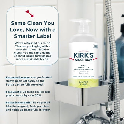 Kirk's Juniper & Lime 3-in-1 Nourishing Cleanser, Shampoo Body Wash Bubble Bath, Coconut Oil and Aloe Vera, Vegan Non-GMO, 32 Fl Oz