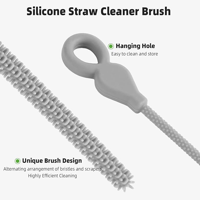 Silicone Straw Cleaner Brush, 4Pcs Reusable Straw Brush Set with Extra-Long Design for Cleaning Thin Metal Straws and Wider Milkshake Straws （6mm+9mm Gray)