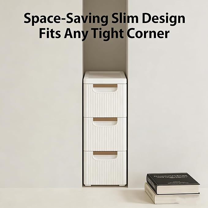 Storage Drawers on Wheels, 3-Drawer Slim Rolling Storage Cart with 4 Casters, Narrow Plastic Organizer for Bathroom Bedroom Kitchen Classroom, Space-Saving Mobile Cabinet