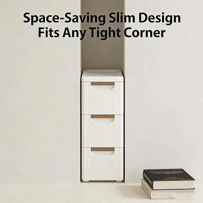 Storage Drawers on Wheels, 3-Drawer Slim Rolling Storage Cart with 4 Casters, Narrow Plastic Organizer for Bathroom Bedroom Kitchen Classroom, Space-Saving Mobile Cabinet