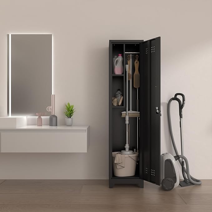 Garage Storage Cabinet, Metal Broom Closet Storage Cabinet,Utility Closet Cabinet for Garage,Office,Gym,Black