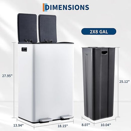 Takywep 2 x 8 Gal (2 x 30L) Kitchen Dual Trash Can, Stainless Steel Double Trash Can with 2 Removable Inner Buckets, Soft-Close Lid, Double Compartment Recycling Bin for Kitchen Home Office, White