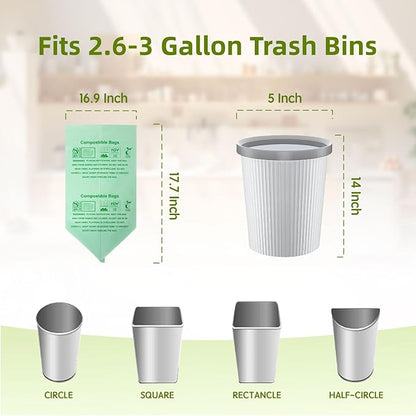 Compostable Trash Bags, Small Compost Bags 3 Gallon, Extra Thick 0.8 Mils, 16.9" x 17.7", 50 Count, Compostable Food Scrap Bags for Kitchen Waste, Green Bin Liners for Garbage Disposal