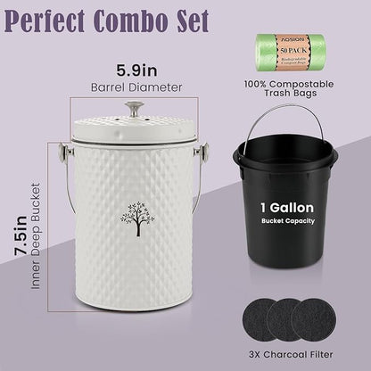 AOSION Countertop Compost Bin Kitchen,Odorless Indoor Compost Bin with Lid and 50 Compost Bags,Compost Bucket Composter Container for Food Waste,Creamy White1.0 Gallon