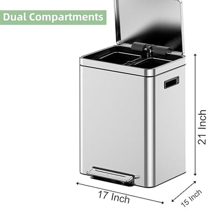 Dual Compartment Trash Can - 2 X 4.7 Gal (2 x 18L) Stainless Steel Trash Can, Double Sorting Bin with Soft Close Lids, Removable Inner Bucket, Step-on Recycling for Kitchen Home Office