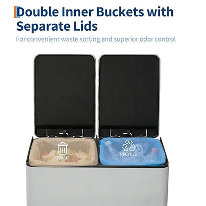Garvee Dual Compartment Trash Can, 2 x 5.3 Gal (2 x 20L) Stainless Steel Recycling Bin with Foldable Foot Pedal & Soft-Close Lid, Kitchen Garbage & Recycle Combo - White