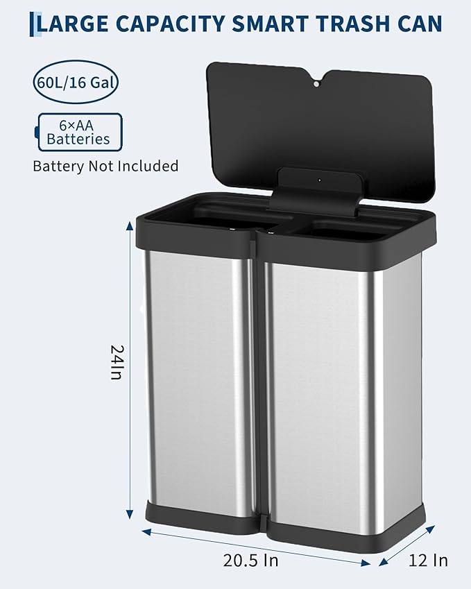 Dual Compartment Motion Sensor Trash Can, 2×8 Gal Garbage Can with Lid, Stainless Steel Trash Bin with 2 Removable Inner Buckets, Soft-Close Foot Pedal, Fingerprint-Resistant for Kitchen Home Office