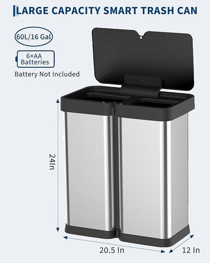 Dual Compartment Motion Sensor Trash Can, 2×8 Gal Garbage Can with Lid, Stainless Steel Trash Bin with 2 Removable Inner Buckets, Soft-Close Foot Pedal, Fingerprint-Resistant for Kitchen Home Office
