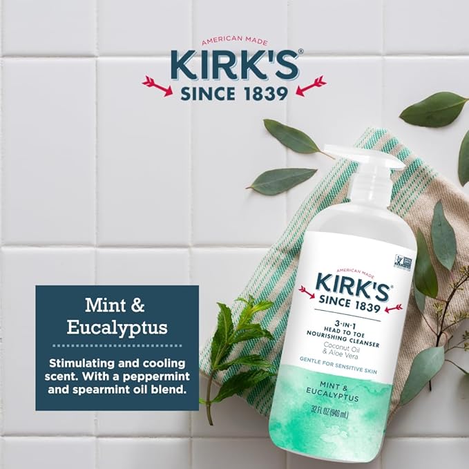 Kirk's Mint and Eucalyptus 3-in-1 Nourishing Cleanser, Shampoo Body Wash Bubble Bath, Coconut Oil and Aloe Vera, Vegan Non-GMO, 32 Fl Oz