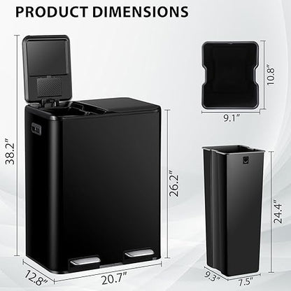 SUPER DEAL Kitchen Trash Can, 16 Gallon 60L Dual Garbage and Recycling Can with Foot Pedal for Kitchen, Living Room, Office, Removable Inner Buckets Soft Close Lid Odor Proof, Stainless Steel, Black