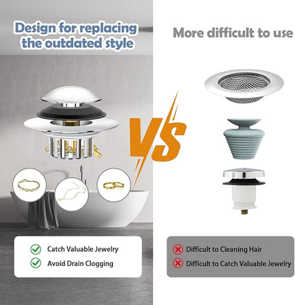 Universal 3 in 1 Bathtub Drain Stopper Bathtub Drain Hair Catcher, Pop-up Tub Stopper with Effective Filter Basket, Anti-Clogging Bathtub Drain Plug Bath Tub Stoppers for 1.45-1.8" Drain Shoe
