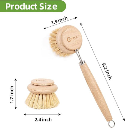 Bamboo Scrub Brush with Handle - Soft Bristles, Non Toxic Dish Brush, Compostable & Biodegradable, Bamboo Dish Scrubber for Cookware, Bowls and Plates, Non-Stick Pans